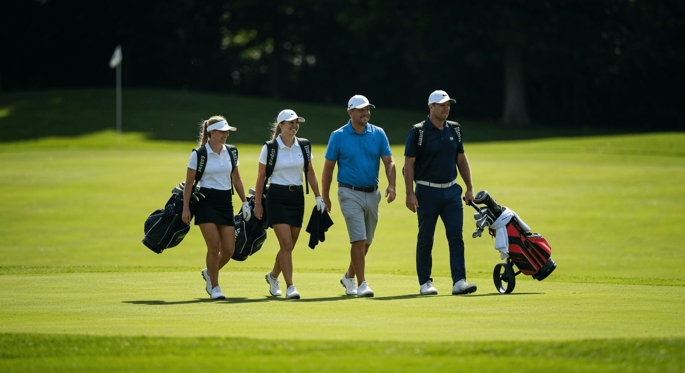 Four golfers walking together on the fairway in a team format