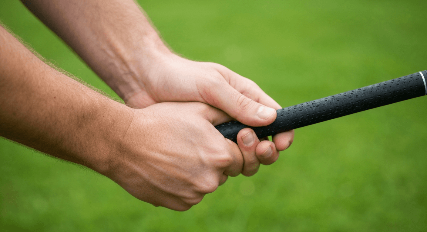 Close-up of proper golf grip hand placement on a club