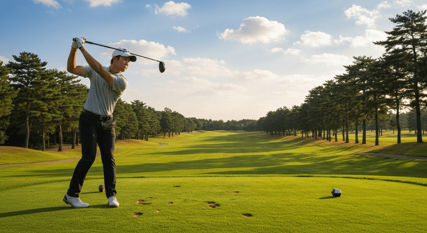 Golfer at the top of their backswing with a driver on the tee box