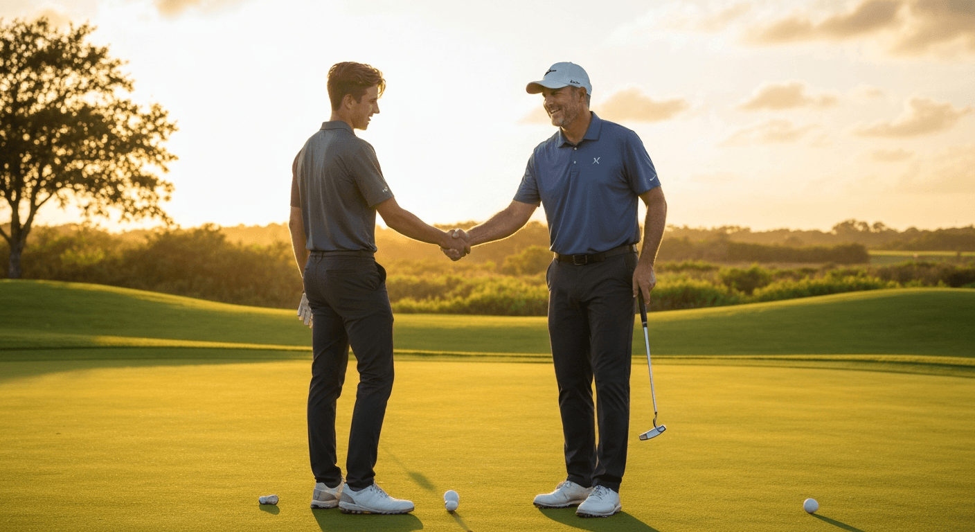 Two golfers shaking hands on the first tee before a Nassau match