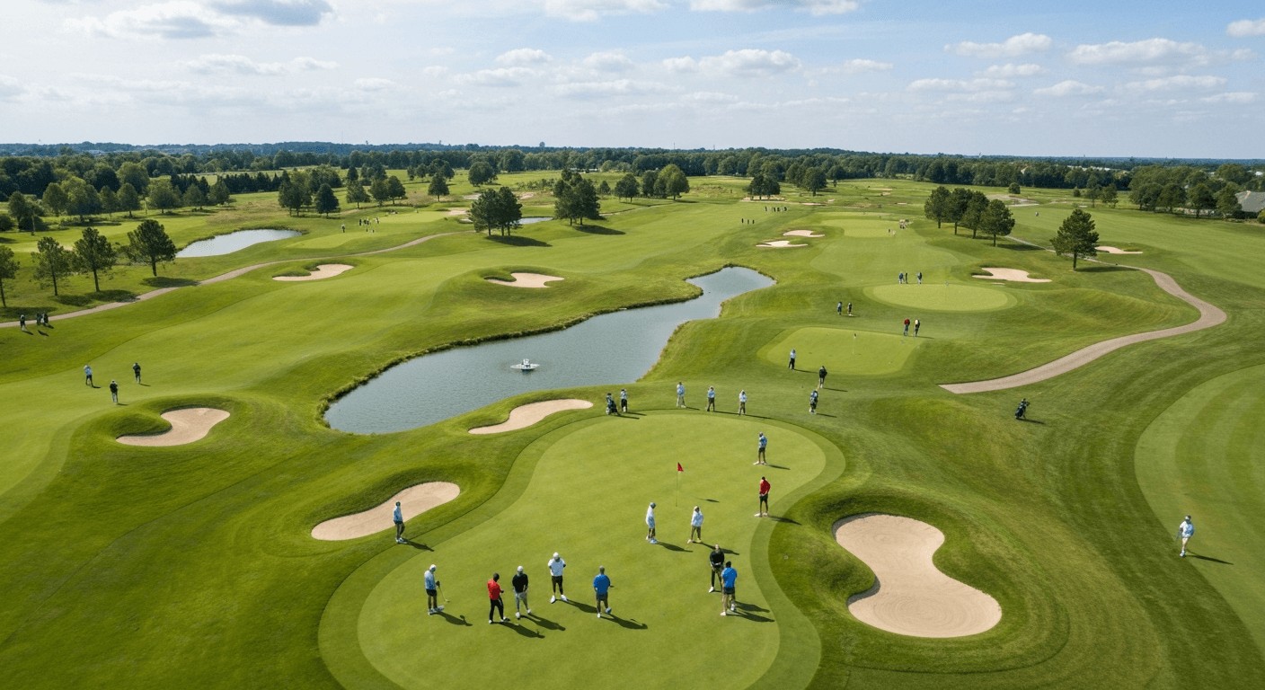 Golf carts lined up at holes for a shotgun start tournament