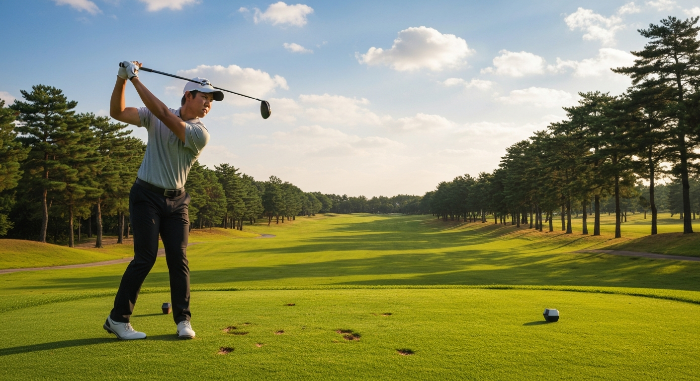 Golfer at the top of their backswing with a driver on the tee box